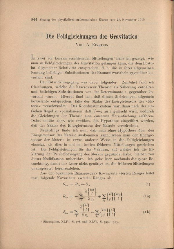 Первая страница доклада Die Feldgleichungen der Gravitation («Уравнения поля тяготения»)