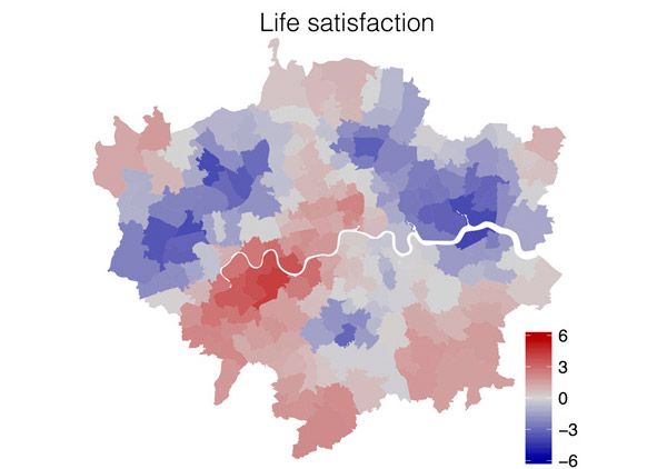 Рис. 2. Раскраска микрорайонов Лондона в соответствии с удовлетворенностью жизнью
