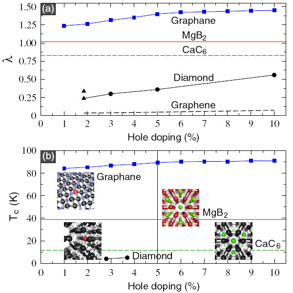 Рис. 3. (а) Зависимость константы электрон-фононного взаимодействия от степени допирования. (b) Зависимость критической температуры от степени допирования, рассчитанная с помощью формулы Макмиллана. Изображения из обсуждаемой статьи в Phys. Rev. Lett.