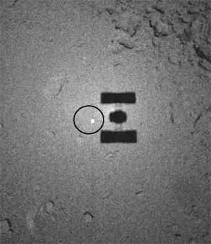 Приближаясь к поверхности Итокавы, зонд «Хаябуса» постоянно вел съемку. На этом кадре, сделанном с высоты 32 м, виден силуэт зонда на поверхности астероида, а также выброшенный с него маркер-отражатель, который должен был помочь при навигации (яркая точка в круге). Фото с сайта www.isas.jaxa.jp