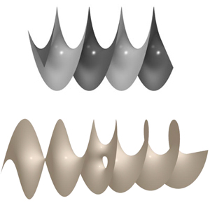 Вверху: обычный геликоид. Внизу: два витка геликоида, соединенные туннелем, или «ручкой» (изображение с сайта www.eurekalert.org)