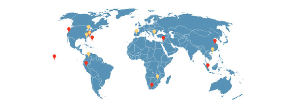 Места обитания 16 природных популяций D. melanogaster, из которых были выведены 16 инбредных линий-основателей для создания искусственных популяций