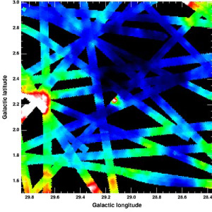 Район формирования массивных звезд ISOSS J18364-0221 — в центре рисунка. Эта сеть данных была собрана камерой ISOPHOT Инфракрасной космической обсерватории ISO на длине волны 170 микрон во время многократной перестройки обсерватории с одного небесного объекта на другой (изображение с сайта www.esa.int)