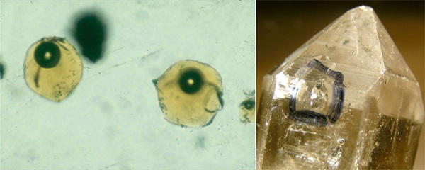 Включения флюидных растворов в кварце: слева — микроскопические, а справа — макроскопические. Фото с сайтов staffnet.kingston.ac.uk и www.mineralatlas.com