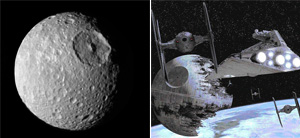 147-километровый кратер на поверхности 397-километрового Мимаса (слева) делает его необычайно похожим на знаменитую «Звезду смерти» из киноэпопеи «Звездные войны» (справа). Изображения с сайтов ciclops.org и www.worth1000.com