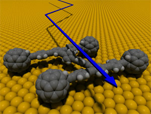 Наномобиль передвигается в направлении, перпендикулярном колесным осям (изображение с сайта www.media.rice.edu)