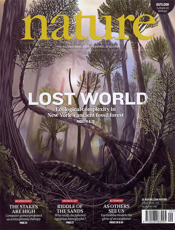 Обложка обсуждаемого номера журнала Nature с изображением девонского леса