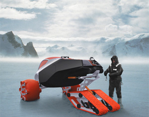 Полярник на фоне вездехода Nine Degrees South (компьютерная модель, вид слева-сзади). Изображение с сайта www.antarctica.ac.uk