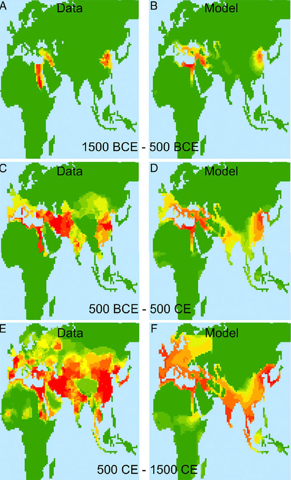 Рис. 1. Распределение «плотности империй» согласно историческим данным (слева) и по результатам моделирования (справа)