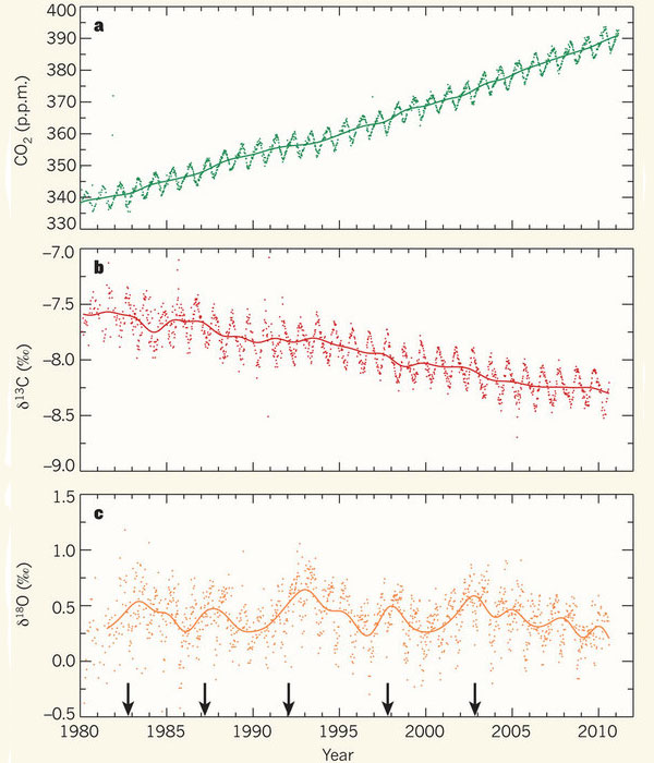 (a) Содержание CO2 в атмосфере (Мауна-Лоа, Гавайи) начиная с 1980-х годов. (b) Относительное содержание тяжелого изотопа углерода 13C в CO2 атмосферы (там же). (c) Относительное содержание тяжелого изотопа кислорода 18O в CO2 (δ18O) атмосферы (там же). Из статьи Matthias Cuntz в Nature (V. 477. P. 547–548)