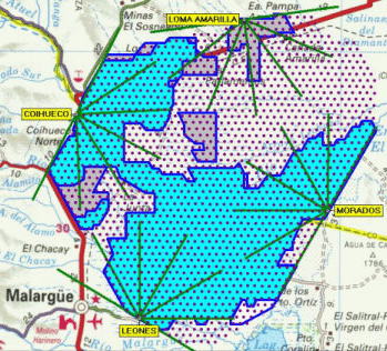 Схема размещения детекторов широких атмосферных ливней (точки) и направлений обзора ультрафиолетовых телескопов (зеленые линии) в обсерватории Пьера Оже в провинции Мендоза, Аргентина (рисунок с сайта www.auger.org)