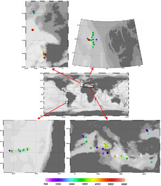 Рис. 1. Карта-схема, показывающая места взятия проб, использованных при анализе в обсуждаемой работе. Цветная шкала внизу — глубины океана. На увеличенных фрагментах цветными точками показана глубина в районах взятия проб. Рис. из приложения к обсуждаемой статьи в Nature