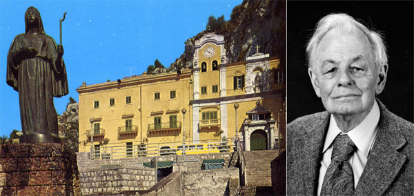 Справа: Джордж Эвелин Хатчинсон (1903–1991), выдающийся американский эколог, сформулировавший многие вопросы, которыми потом стали заниматься экологи. Слева: памятник святой Розалии, покровительнице Палермо, а по мнению многих, с легкой руки Хатчинсона, — и покровительнице экологии. Статья Хатчинсона «Дань святой Розалии, или Почему так много видов животных?» — одна из самых цитируемых. На заднем плане — церковь Св. Розалии. Фото Хатчинсона из архива Алексея Гилярова. Фото памятника и церкви — с открытки Ediz. Ar. Co. s.n.c. di C. Arnone e C. Via Aragona, 21. Palermo