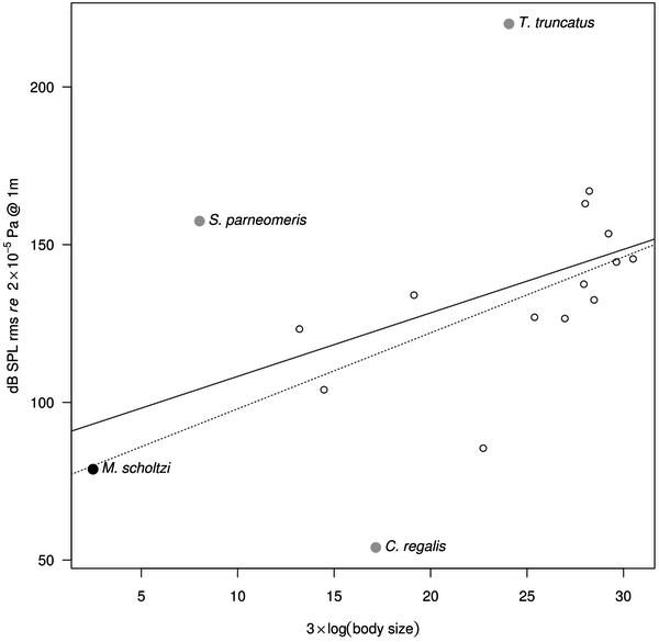 Рис. 4. Регрессия между размерами тела и уровнем звукового давления у водных животных. Четыре вида животных занимают крайние значения. Рисунок из обсуждаемой статьи в PLoS ONE