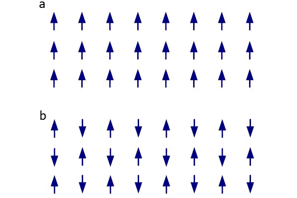 Рис. 1. Схематический рисунок ферромагнитного (a) и антиферромагнитного (b) упорядочения магнитных моментов. Ферромагнетик характеризуется тем, что магнитные моменты атомов вещества направлены в одну сторону; у антиферромагнетика они ориентированы в противоположную сторону, при этом равны «по силе». Рисунок с сайта en.wikipedia.org