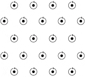 Рис. 3. Вид сверху треугольной вихревой решетки Абрикосова в сверхпроводнике 2-го рода. Черными заполненными кругами показаны нормальные области вихрей. Рисунок с сайта elementy.ru