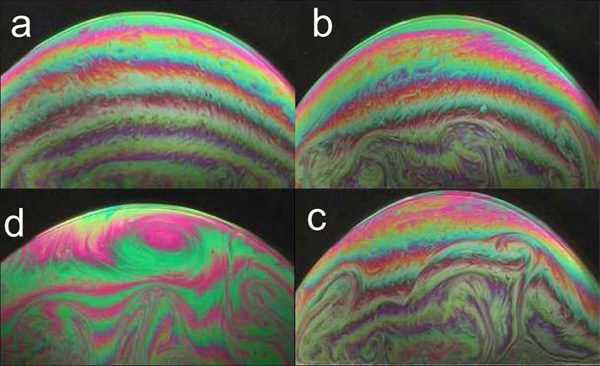 Рис. 2. Изображения пузырей при различных температурных градиентах. Разность температур увеличивается от рис. a к c и равно 9, 17 и 31 градусу соответственно. На рис. d: возникновение вихря при разности температур 45 градусов. Рис. из обсуждаемой статьи в Phys. Rev. Lett.