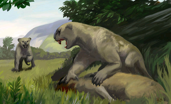 Один из самых ярких и необычных представителей плейстоценовой фауны Австралии — сумчатый лев Thylacoleo. (Картина Николая Ковалева с сайта evolbiol.ru)