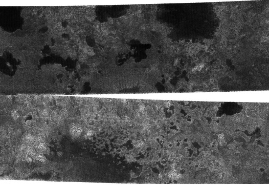 Снимки приполярных областей Титана, на которых обнаружены озера из жидкого метана или этана. Фото NASA/JPL/SSI с сайта www.universetoday.com