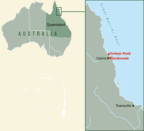 Рис. 3. На карте Австралии показаны два места около города Кэрнс, где были выпущены комары Aedes aegypti, зараженные вольбахией. Рисунок из статьи: Jason L. Rasgon. Dengue fever: Mosquitoes attacked from within // Nature. V. 476. P. 407–408. (25 August 2011)
