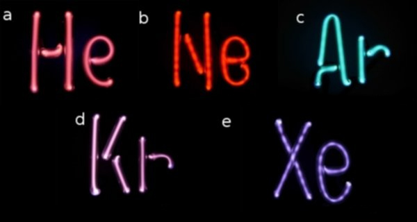 Рис. 1. Свечение благородных газов в газовом разряде. Слева направо сверху вниз: гелий (a), неон (b), аргон (c), криптон (d), ксенон (e)