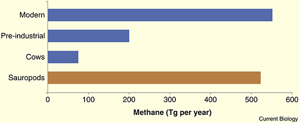 Рис. 2. Эмиссия метана (в млн тонн/год). Сверху вниз: современный уровень поступления из всех источников, доиндустриальный, крупный рогатый скот, завроподные динозавры