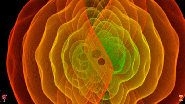 Рис. 1. Моделирование излучения гравитационных волн при слиянии двух черных дыр