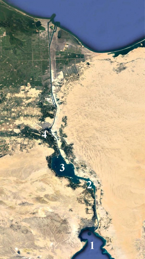 1 — Суэцкий залив Красного моря, 2 — Малое Горькое озеро, 3 — Большое Горькое озеро, 4 — озеро Тимсах