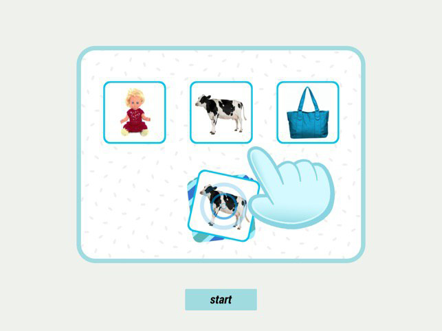 Пример из игры Swiping в тесте Speakaboo: ребёнок находит пару к картинке внизу, перетаскивает её к соответствующей картинке сверху и называет то, что на ней изображено