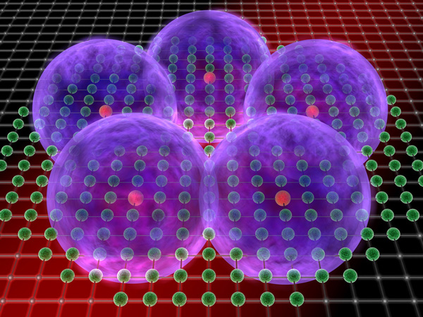 Здесь показана кристаллическая решетка из атомов в основном состоянии. Некоторые из атомов переведены в ридберговские состояния, и их размер резко вырос. Даже если два таких атома находятся далеко друг от друга по узлам решетки, они всё равно чувствуют друг друга как бы «поверх» всей решетки